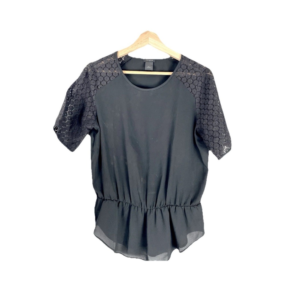 Ann Taylor‎ Top Blouse Gray Peplum Lace Sleeves Shirt Sleeve Size S